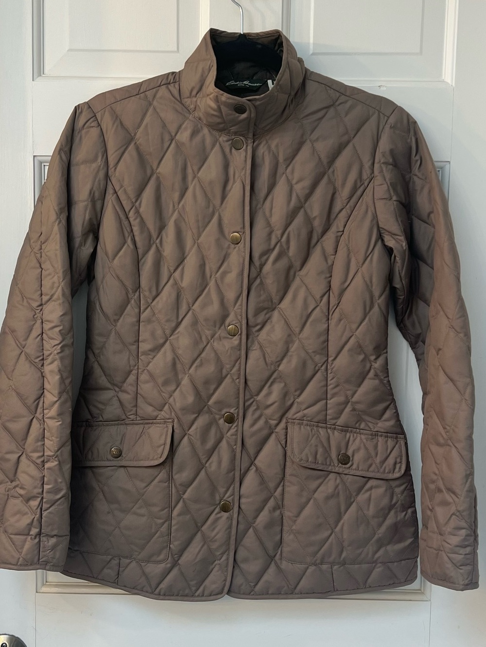 Eddie Bauer Diamond Quilted Women's Jacket, Taupe, Snap Front, Goose Down, Sz XS